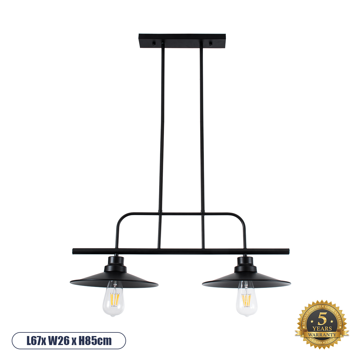 01007 GloboStar® GLOBOSTAR® REGAL 01007 Vintage Φωτιστικό Οροφής με Ντουί 2 x E27 AC 220-240V IP20 - Μαύρο - Μ67 x Π26 x Υ85cm