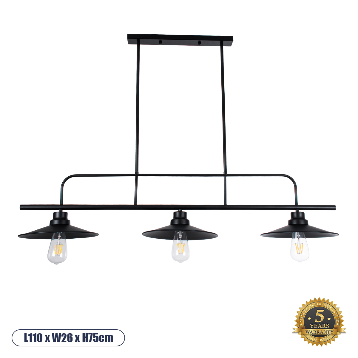 01009 GloboStar® GLOBOSTAR® REGAL 01009 Vintage Φωτιστικό Οροφής με Ντουί 3 x E27 AC 220-240V IP20 - Μαύρο - Μ110 x Π26 x Υ75cm