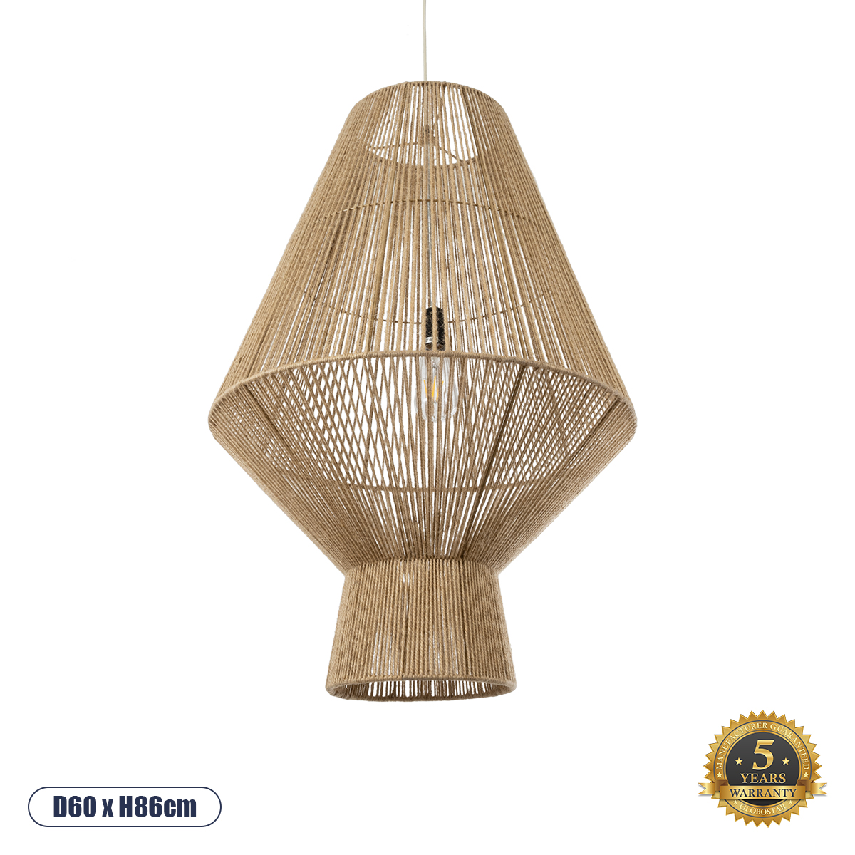 01854 GloboStar®  CAYMAN 01854 Boho Κρεμαστό Φωτιστικό Πλέγμα Μονόφωτο 1 x E27 IP20 Μπεζ Σχοινί – Μ60 x Π60 x Υ86cm