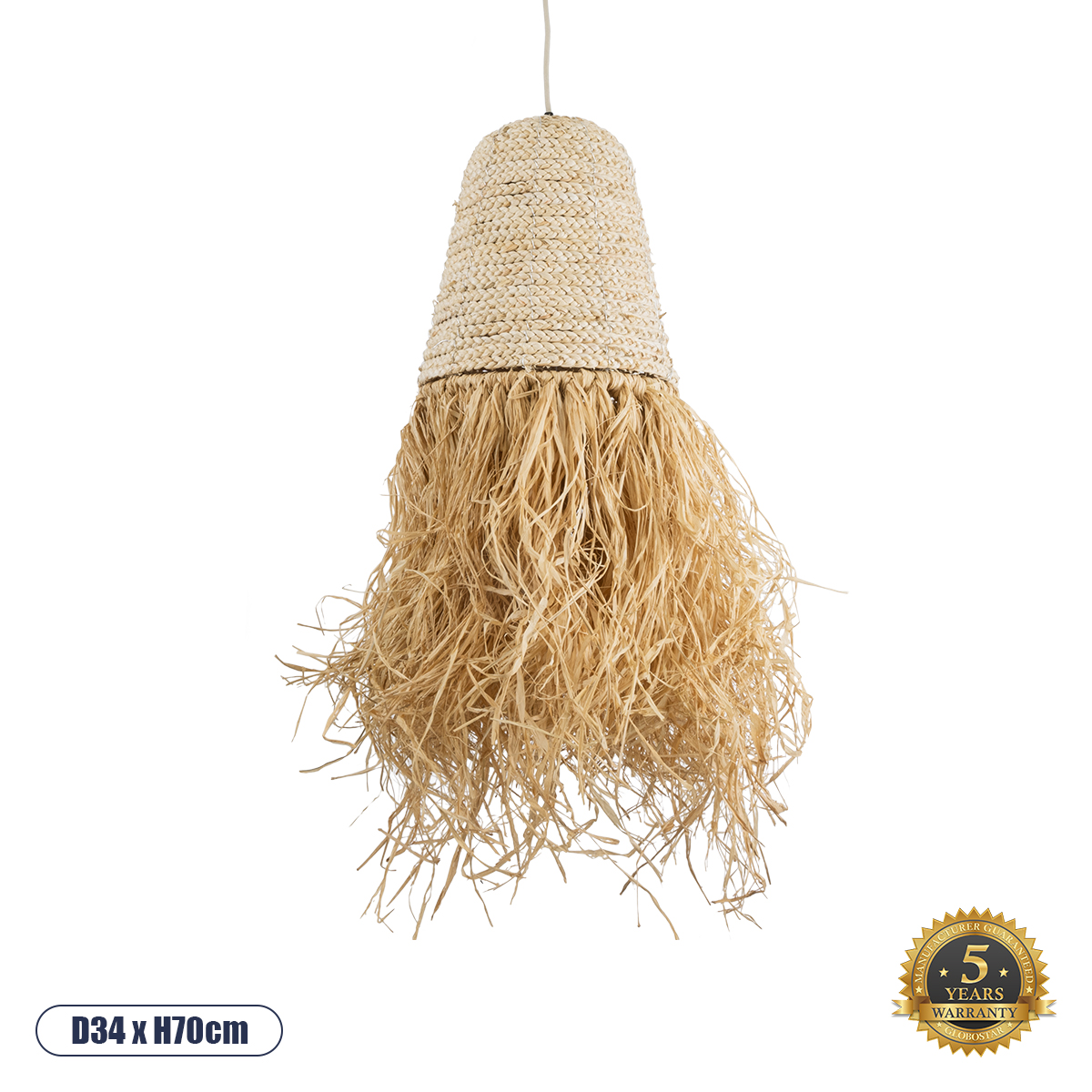 02189 GloboStar®  LETA 02189 Boho Κρεμαστό Φωτιστικό Πλέγμα Μονόφωτο 1 x E27 IP20 Μπεζ Ράφια – Μ34 x Π34 x Υ70cm