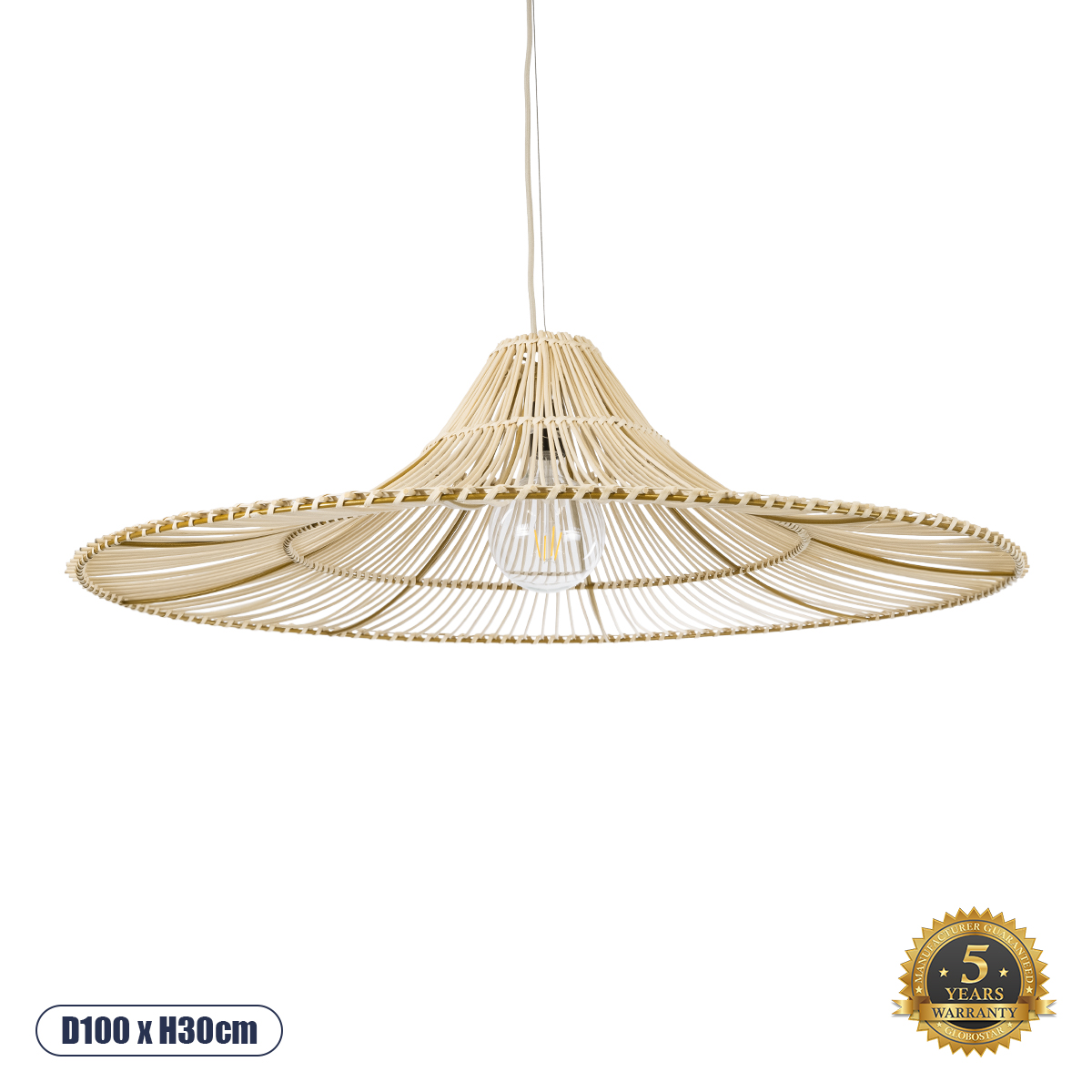 02209 GloboStar®  PALERMO 02209 Boho Κρεμαστό Φωτιστικό Πλέγμα Μονόφωτο 1 x E27 IP20 Μπεζ Ξύλο – Μ100 x Π100 x Υ30cm