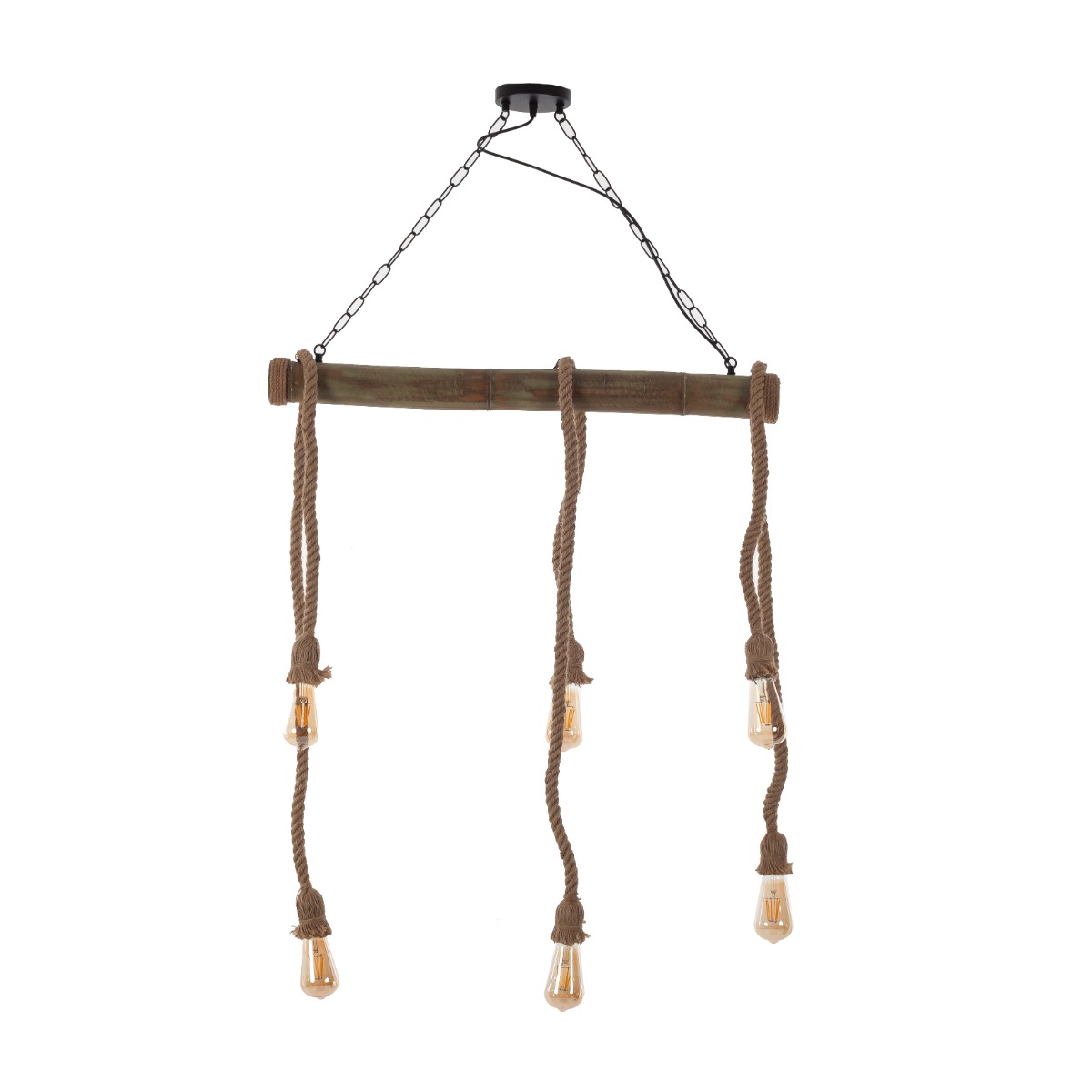 Artekko Hemp Rope Φωτιστικό Οροφής 6φωτο (Ε27) με Μαύρο Μέταλλο/Ξύλο/Σχοινί (80x10x130)cm Artekko 023-3318