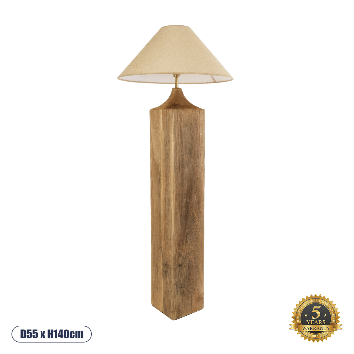 02314 GloboStar®  LAFRONTERA 02314 Boho Επιδαπέδιο Φωτιστικό Μονόφωτο 1 x E27 IP20 Καφέ Ξύλο με Μπεζ Ύφασμα – Μ55 x Π55 x Υ140cm