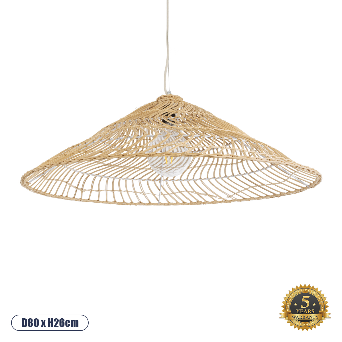 02347 GloboStar®  KAIA 02347 Boho Κρεμαστό Φωτιστικό Καμπάνα Μονόφωτο 1 x E27 IP20 Μπεζ Ξύλο – Μ80 x Π80 x Υ26cm