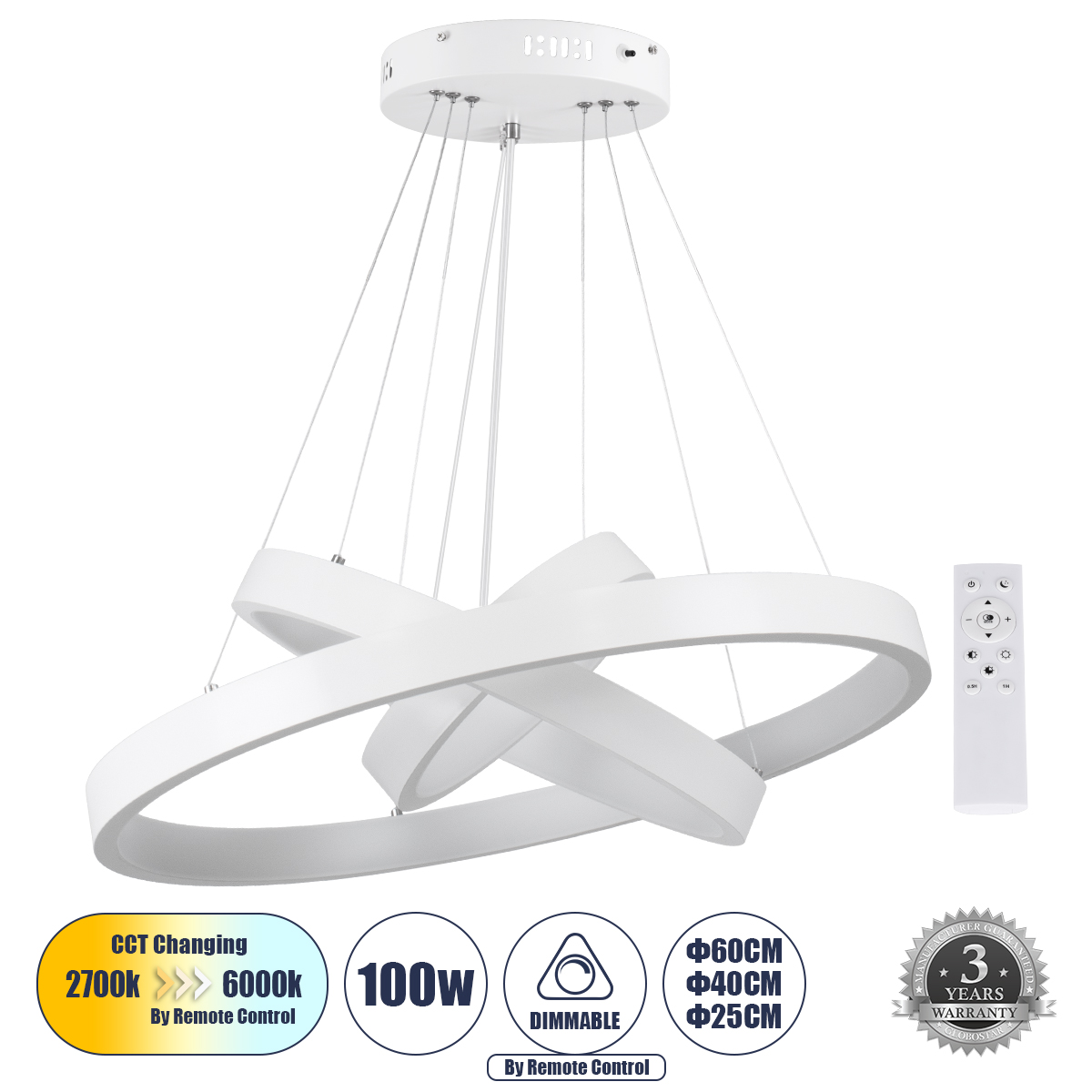 61168-DECO GloboStar®  NEMESIS TRIO 61168-DECO Κρεμαστό Φωτιστικό Δαχτυλίδι-Κύκλος LED CCT 100W 12123lm 360° AC 220-240V – Εναλλαγή Φωτισμού μέσω Τηλεχειριστηρίου All In One Ψυχρό 6000k+Φυσικό 4500k+Θερμό 2700k Dimmable Φ25+40+60cm – Λευκό – 3 Years Warra