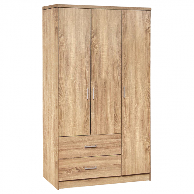 Ντουλάπα ρούχων τρίφυλλη REAL με 2 συρτάρια, 4 ράφια & κρεμάστρα χρώμα sonoma 90x42.5x180.5 εκ. 100-03551