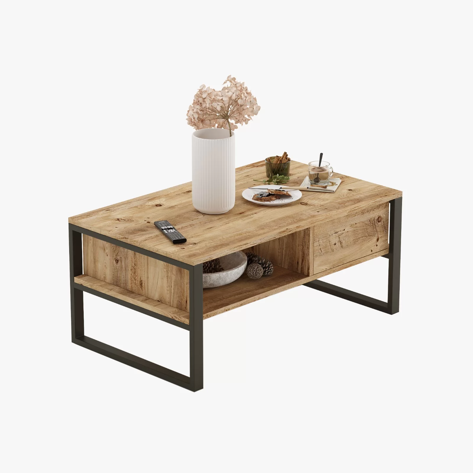 Τραπέζι σαλονιού "VIANA" από ξύλο/μέταλλο σε atlantic pine/μαύρο χρώμα 100x60x44 100-03615