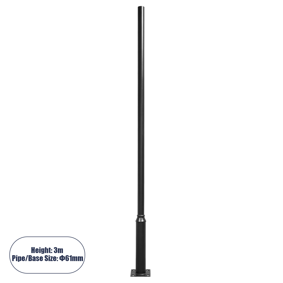 12111 GloboStar® Μεταλλικός Στύλος - Ιστός - Κολώνα σε Μαύρο Χρώμα για Φωτιστικά Δρόμου και Πλατείας  Ύψος 3 Μέτρα Φ6.1cm GloboStar 12111