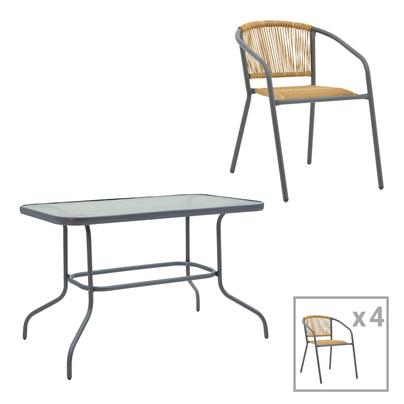 Intrahome Τραπεζαρία CARPATHIANA-Lindaria Intrahome σετ 5τεμ μέταλλο ανθρακί-γυαλί-pe rattan σε φυσική απόχρωση 110x60x70εκ | SKU: INTRAPA-241111267