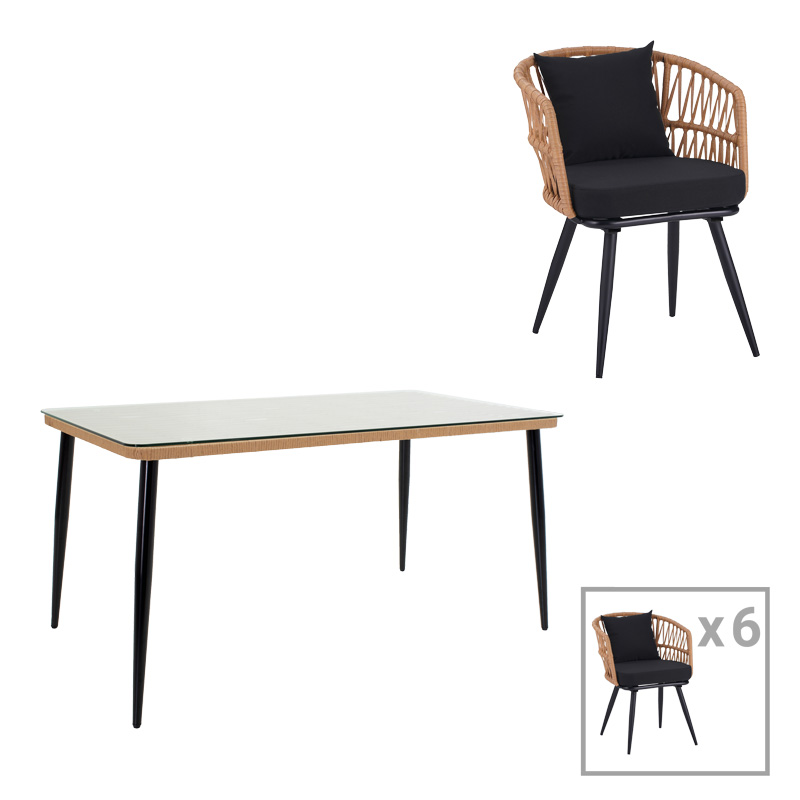 Intrahome Τραπεζαρία Naoki σετ 7 τεμ Intrahome μέταλλο μαύρο-pe φυσικό-γυαλί 160x90x78εκ | SKU: INTRAPA-251111174