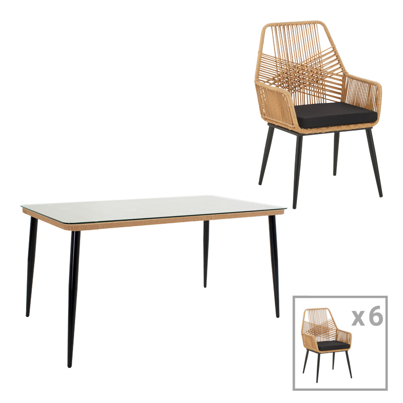 Intrahome Τραπεζαρία Naoki-Tanish σετ 7τεμ Intrahome μέταλλο μαύρο-pe φυσικό-γυαλί 160x90x78εκ | SKU: INTRAPA-251111177