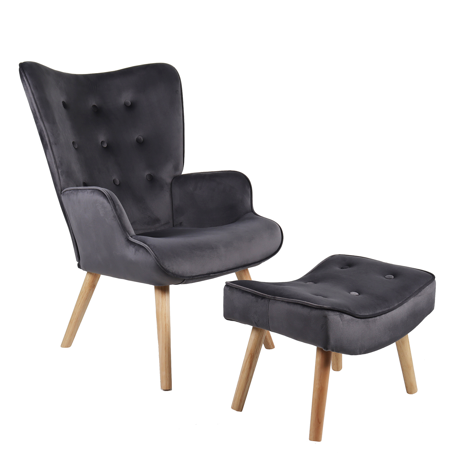 Πολυθρόνα Μπερζέρα Με Υποπόδιο ArteLibre ANIDORI Γκρι Βελούδο/Ξύλο 73x69x96cm Arte-14770001