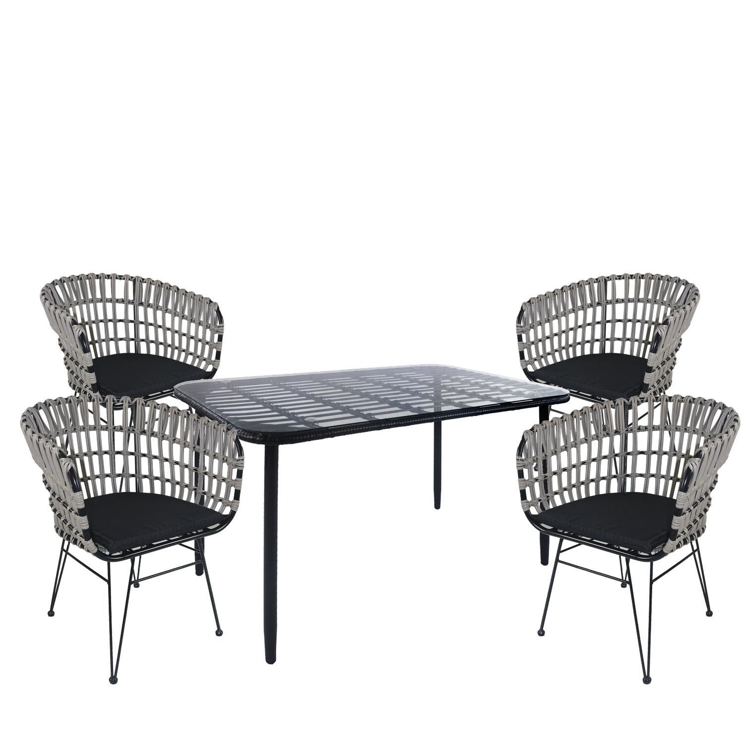 Σετ Τραπεζαρία Κήπου ArteLibre ANNIUS Μαύρο Μέταλλο/Rattan/Γυαλί Με 4 Καρέκλες 14990390 Σετ Τραπεζαρία Κήπου ArteLibre ANNIUS Μαύρο Μέταλλο/Rattan/Γυαλί Με 4 Καρέκλες 14990390