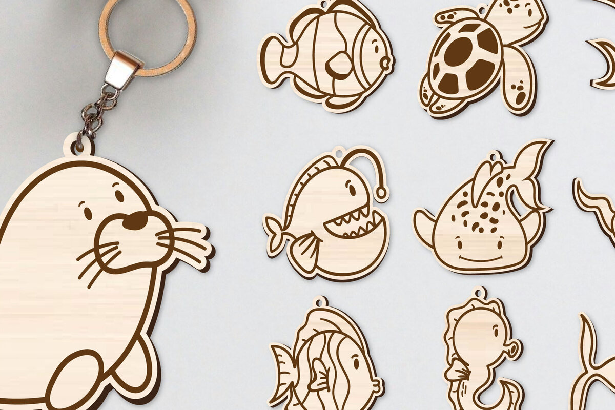 Σετ των 2 Intra απο ξύλο plywood 3mm-4mm πάχος 10 Design Cute Sea Animal Key Chain Δίασταση 30x20 cm INTRAFABR-96263193