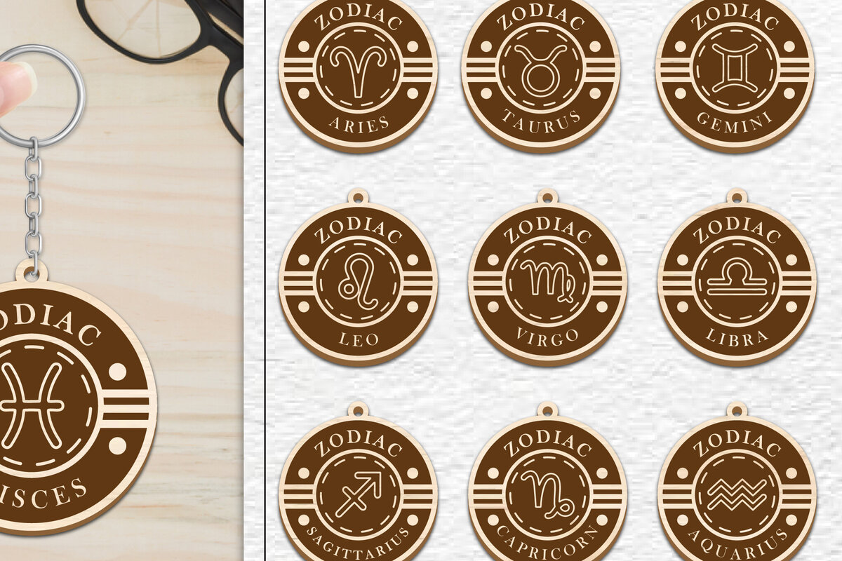 Σετ των 3 Intra απο ξύλο plywood 3mm-4mm πάχος 12 Σχέδιο Zodiac Keychain Δίασταση 6x6 cm INTRAFABR-102217317