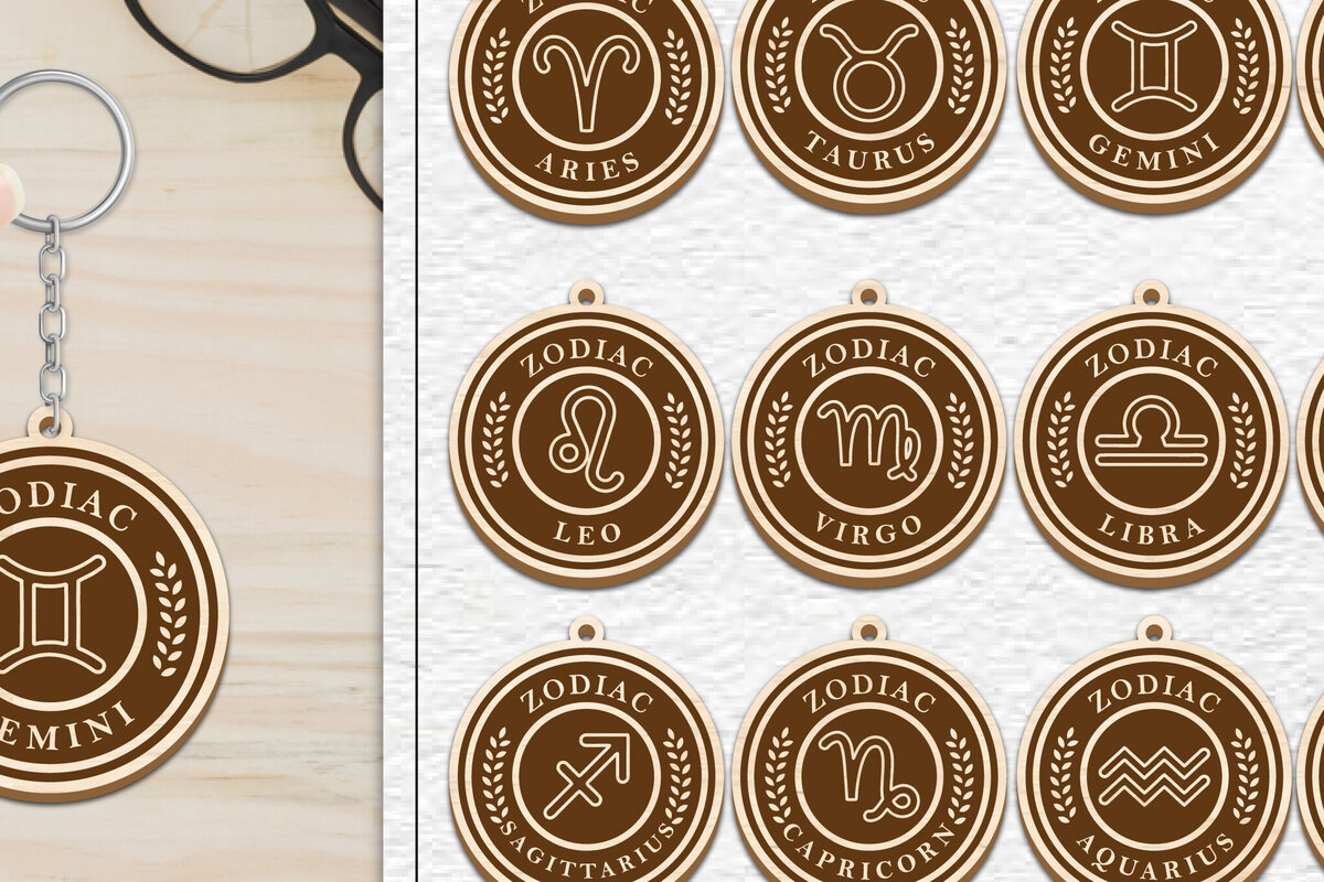 Σετ των 3 Intra απο ξύλο plywood 3mm-4mm πάχος 12 Σχέδιο Zodiac Keychain Δίασταση 6x6 cm INTRAFABR-102217646