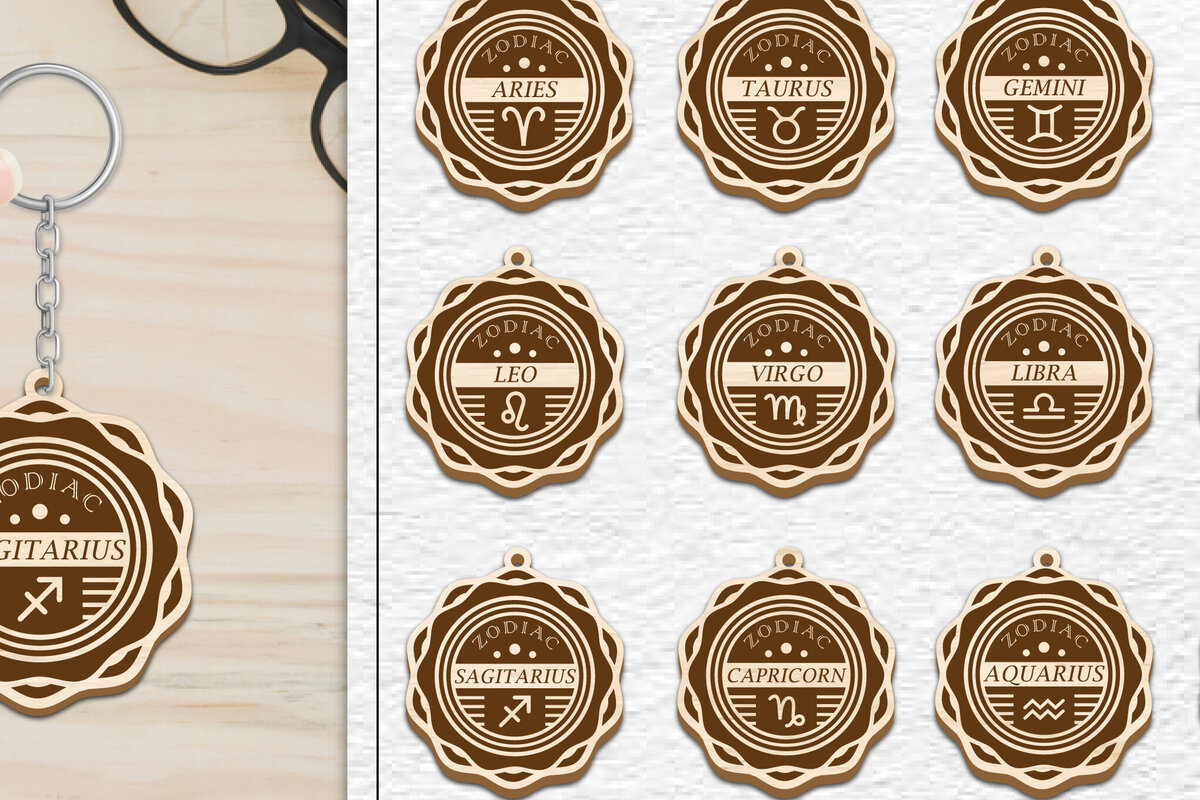 Σετ των 3 Intra απο ξύλο plywood 3mm-4mm πάχος 12 Σχέδιο Zodiac Keychain Δίασταση 6x6 cm INTRAFABR-102288954