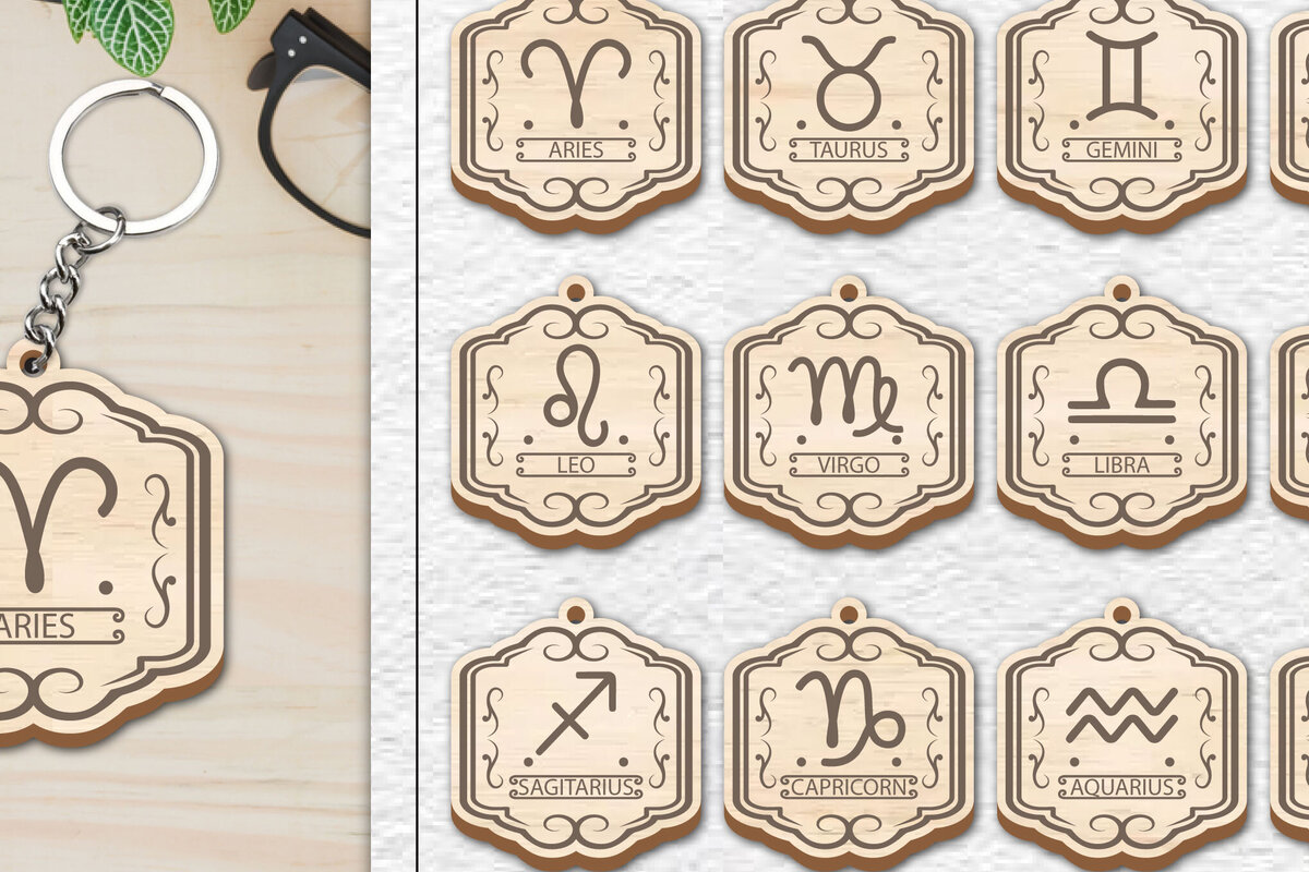 Σετ των 3 Intra απο ξύλο plywood 3mm-4mm πάχος 12 Σχέδιο Zodiac Keychain Δίασταση 6x6 cm INTRAFABR-100637726