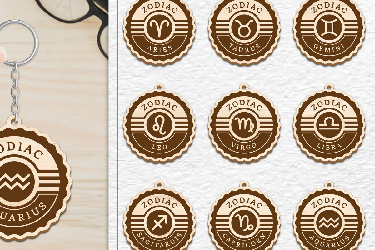 Σετ των 3 Intra απο ξύλο plywood 3mm-4mm πάχος 12 Σχέδιο Zodiac Keychain Δίασταση 6x6 cm INTRAFABR-102290675