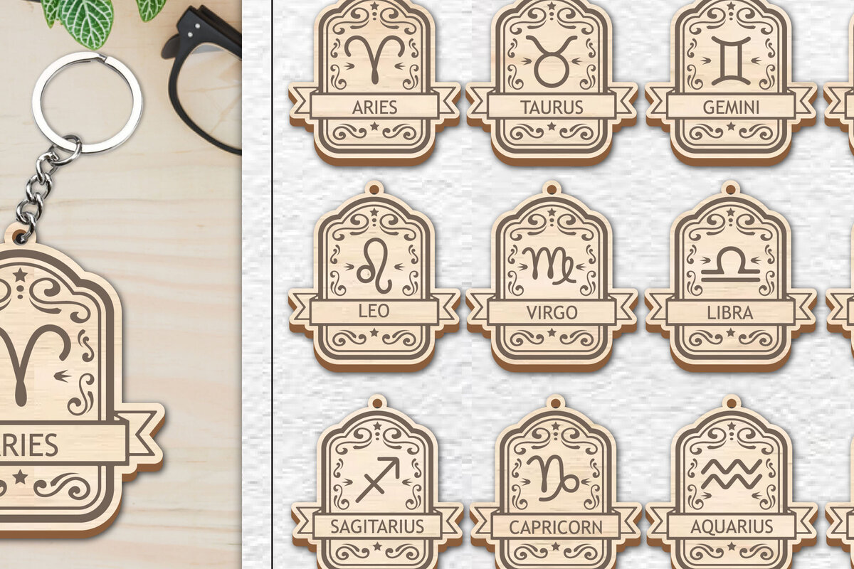 Σετ των 3 Intra απο ξύλο plywood 3mm-4mm πάχος 12 Σχέδιο Zodiac Keychain Δίασταση 6x6 cm INTRAFABR-100637797