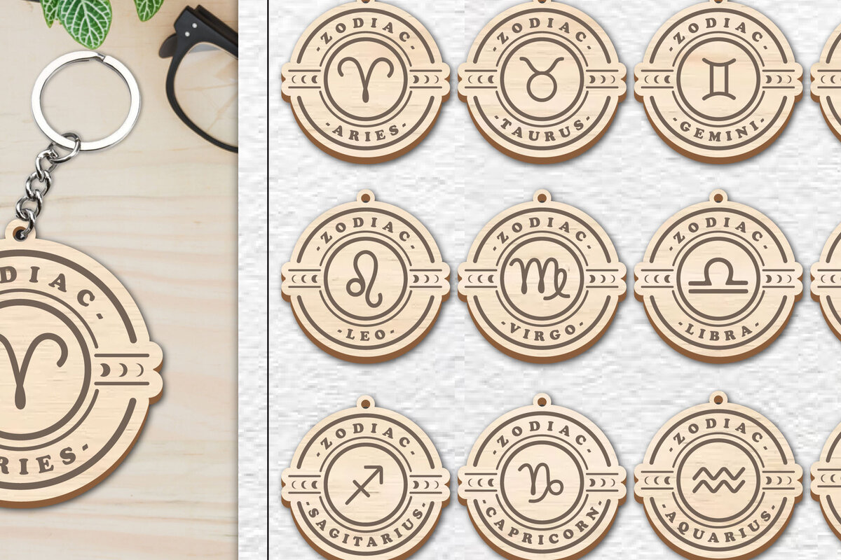 Σετ των 3 Intra απο ξύλο plywood 3mm-4mm πάχος 12 Σχέδιο Zodiac Keychain Δίασταση 6x6 cm INTRAFABR-100637880