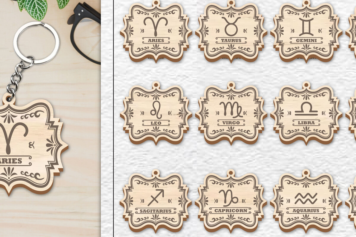 Σετ των 3 Intra απο ξύλο plywood 3mm-4mm πάχος 12 Σχέδιο Zodiac Keychain Δίασταση 6x6 cm INTRAFABR-100637986
