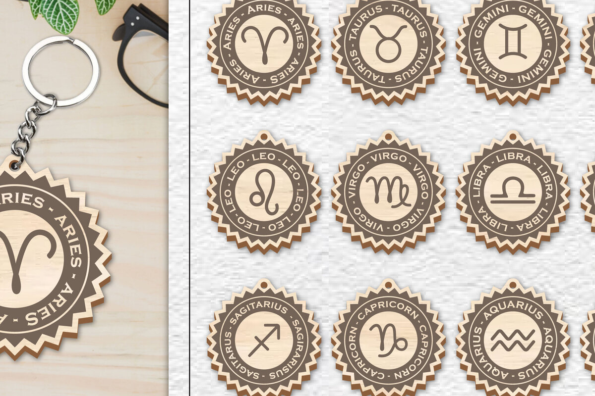 Σετ των 3 Intra απο ξύλο plywood 3mm-4mm πάχος 12 Σχέδιο Zodiac Keychain Δίασταση 6x6 cm INTRAFABR-100638073