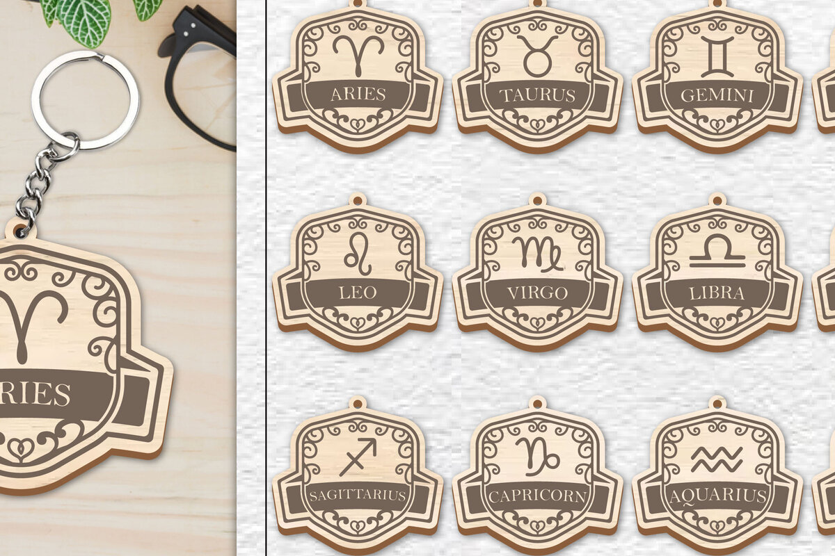 Σετ των 3 Intra απο ξύλο plywood 3mm-4mm πάχος 12 Σχέδιο Zodiac Keychain Δίασταση 6x6 cm INTRAFABR-100638202