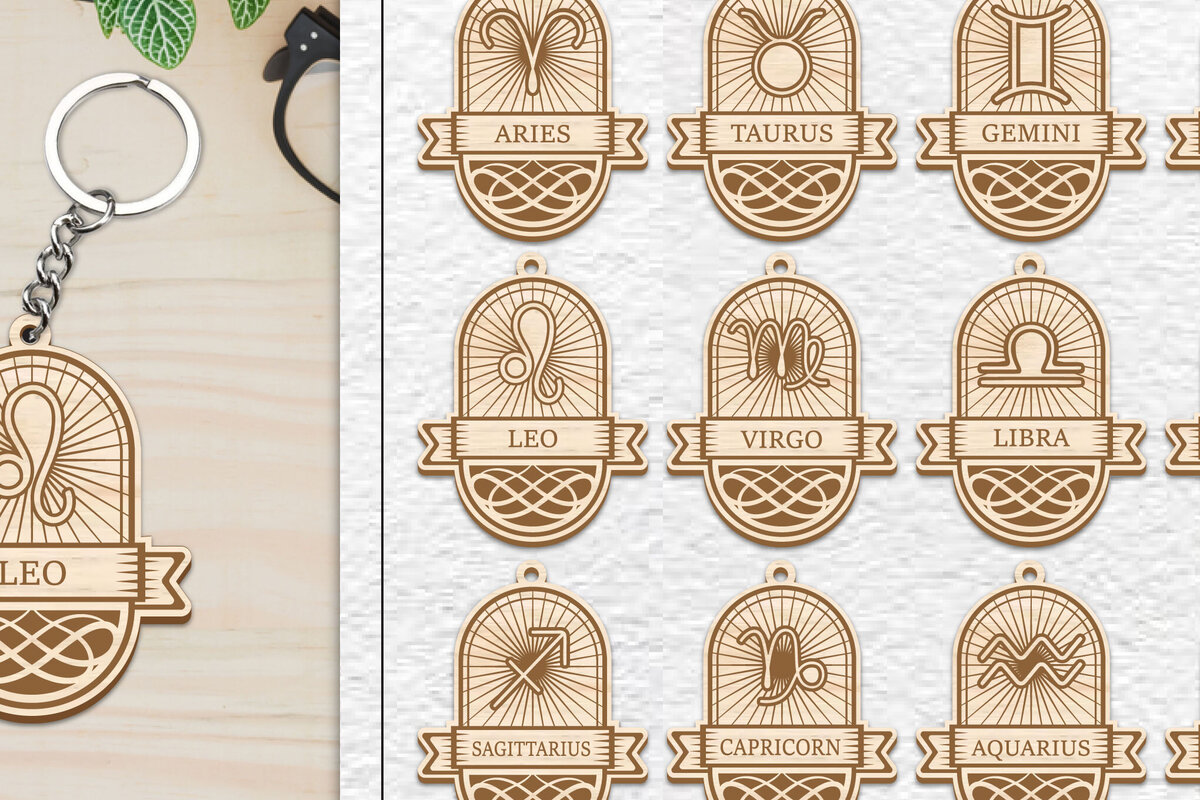 Σετ των 3 Intra απο ξύλο plywood 3mm-4mm πάχος 12 Σχέδιο Zodiac Keychain Δίασταση 6x6 cm INTRAFABR-101081004