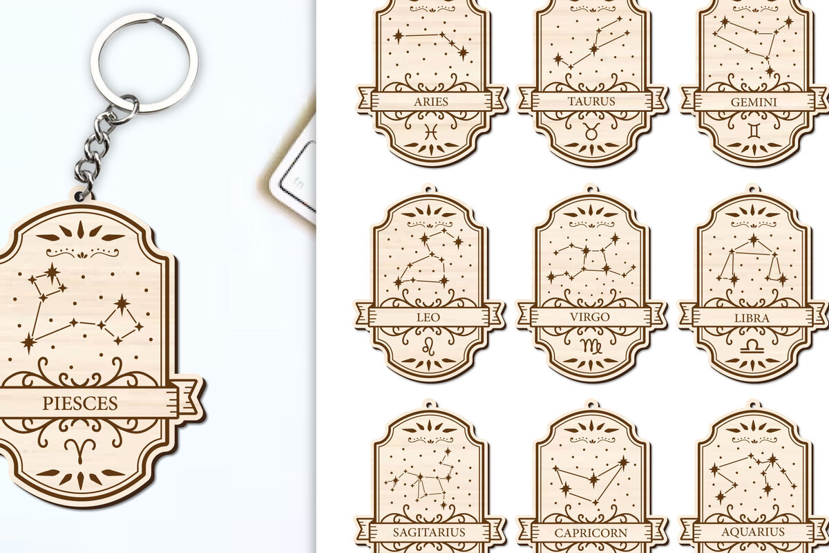 Σετ των 3 Intra απο ξύλο plywood 3mm-4mm πάχος 12 Σχέδιο Zodiac Keychain Δίασταση 6x6 cm INTRAFABR-98420104