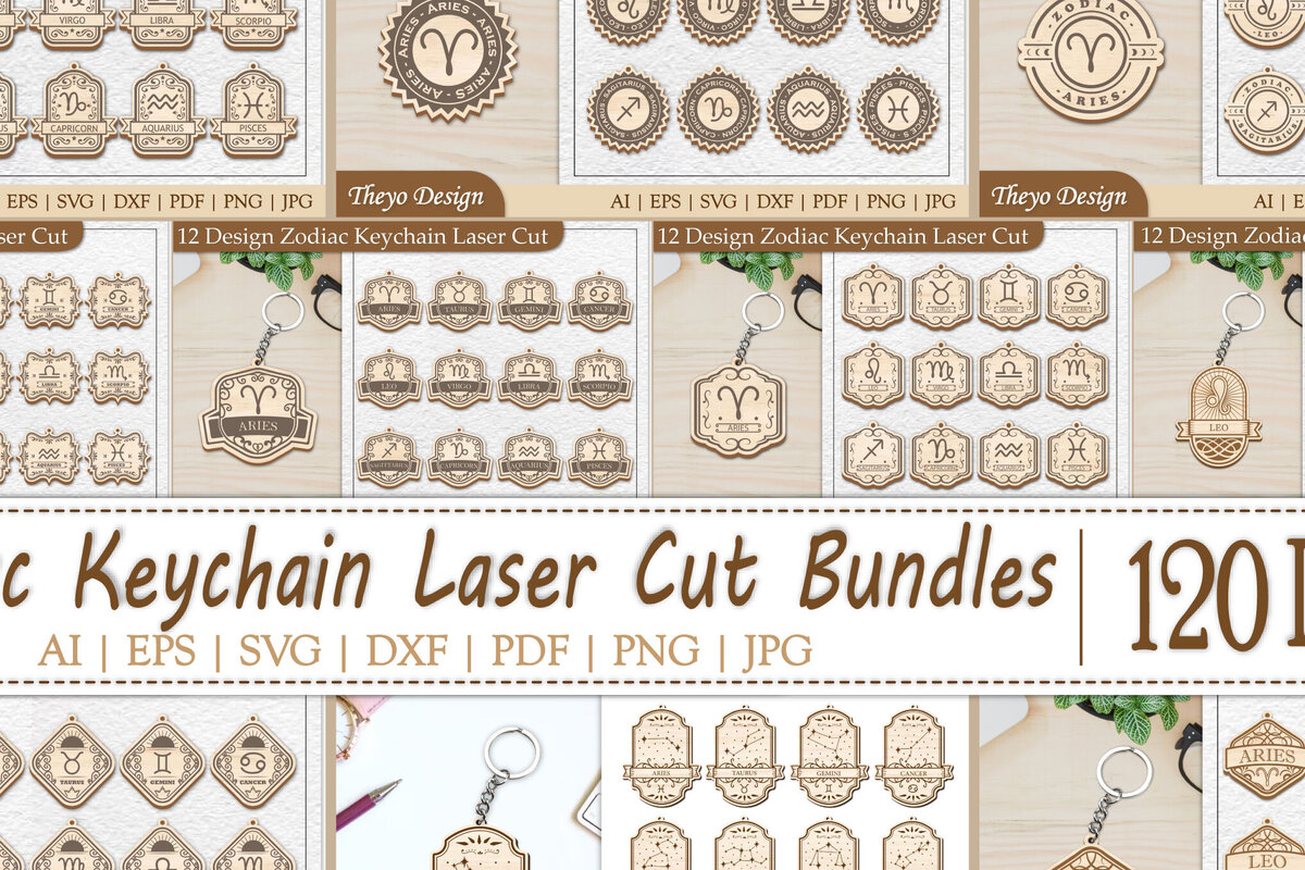 Σετ των 3 Intra απο ξύλο plywood 3mm-4mm πάχος 120 Σχέδιο Zodiac Keychain  Bund Δίασταση 6x6 cm INTRAFABR-101081595