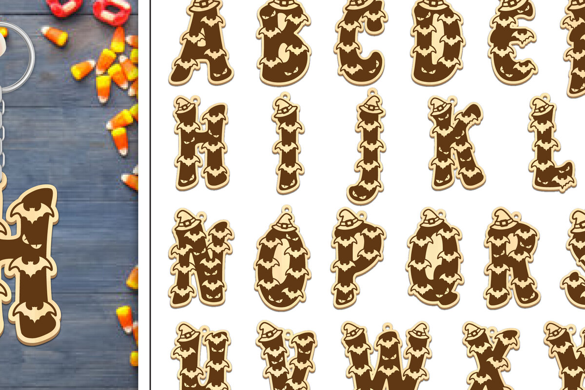 Σετ των 3 Intra απο ξύλο plywood 3mm-4mm πάχος Μπρελόκ 20 Σχέδιο Halloween Aphabet Δίασταση 6x6 cm INTRAFABR-103747361