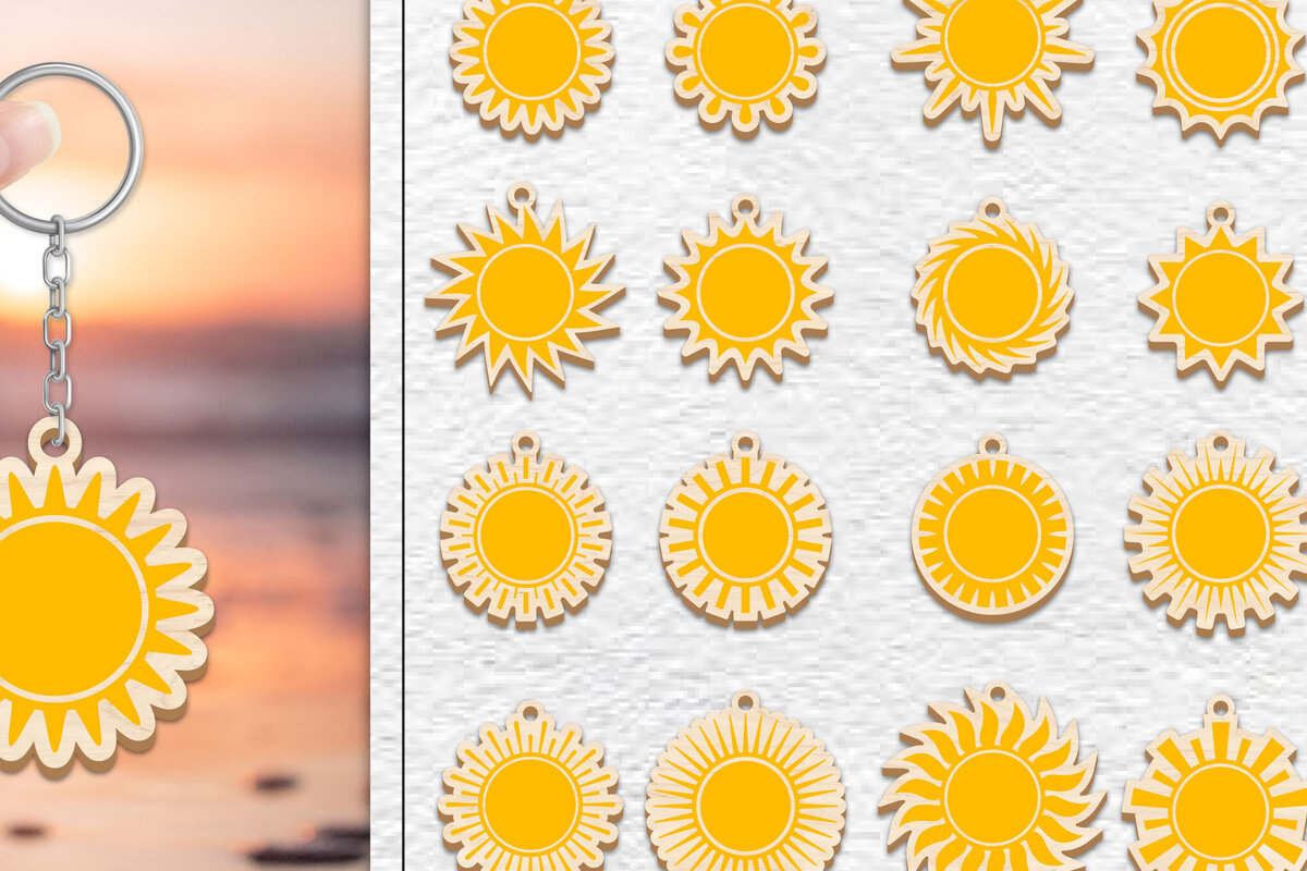 Σετ των 3 Intra απο ξύλο plywood 3mm-4mm πάχος 20 Δέσμη κοπής με λέιζερ μπρελόκ Sun Δίασταση 6x6 cm INTRAFABR-101770703