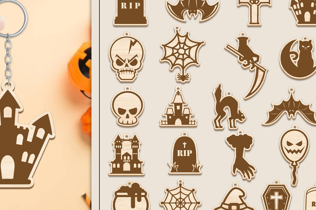 Σετ των 3 Intra απο ξύλο plywood 3mm-4mm πάχος 26 Σχέδιο Halloween Keychain Δίασταση 6x6 cm INTRAFABR-102835590