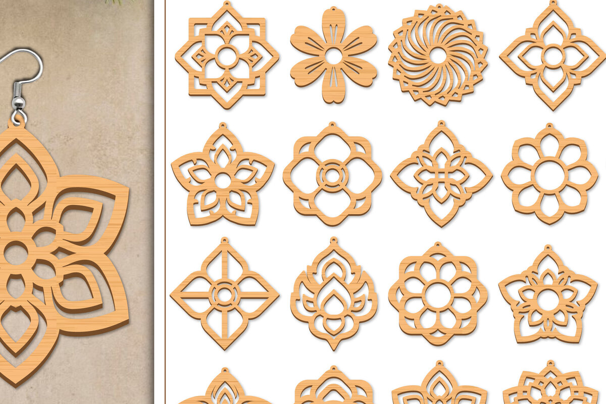 Σετ των 3 Intra απο ξύλο plywood 3mm-4mm πάχος Σκουλαρίκια λουλουδιών 2o Σχεδιασμός Δίασταση 3x3 cm INTRAFABR-119268233