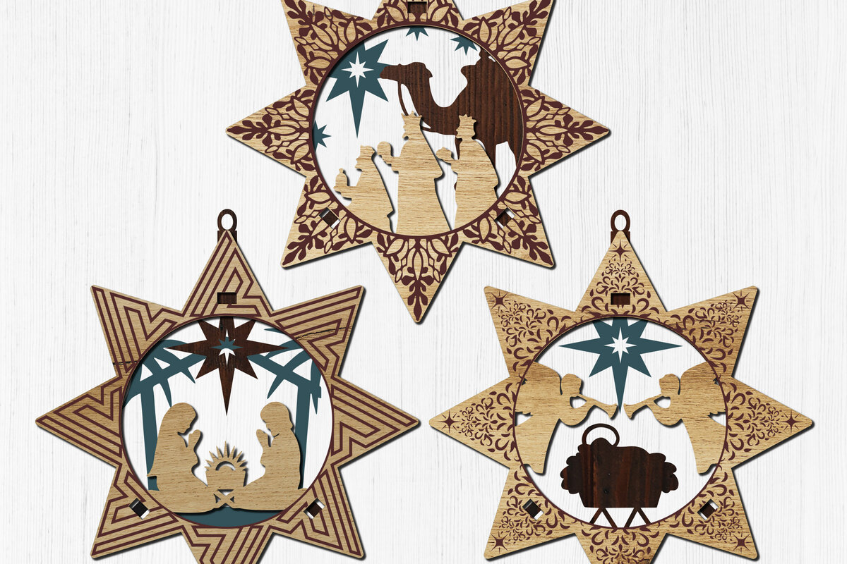 Σετ των 3 Intra απο ξύλο plywood 3mm-4mm πάχος Χριστουγεννιάτικα στολίδια με αστέρια 3 στρώσεων Δίασταση 3x3 cm INTRAFABR-110084091