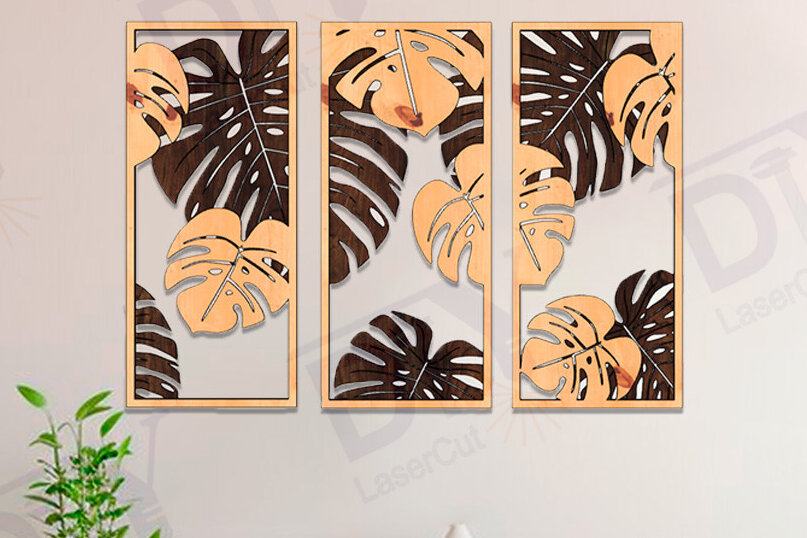 Σετ των 2 Intra απο ξύλο plywood 3mm-4mm πάχος 3 Πάνελ Τροπικά Φύλλα Διακόσμηση Τοίχων Δίασταση 15x15 cm INTRAFABR-113649934