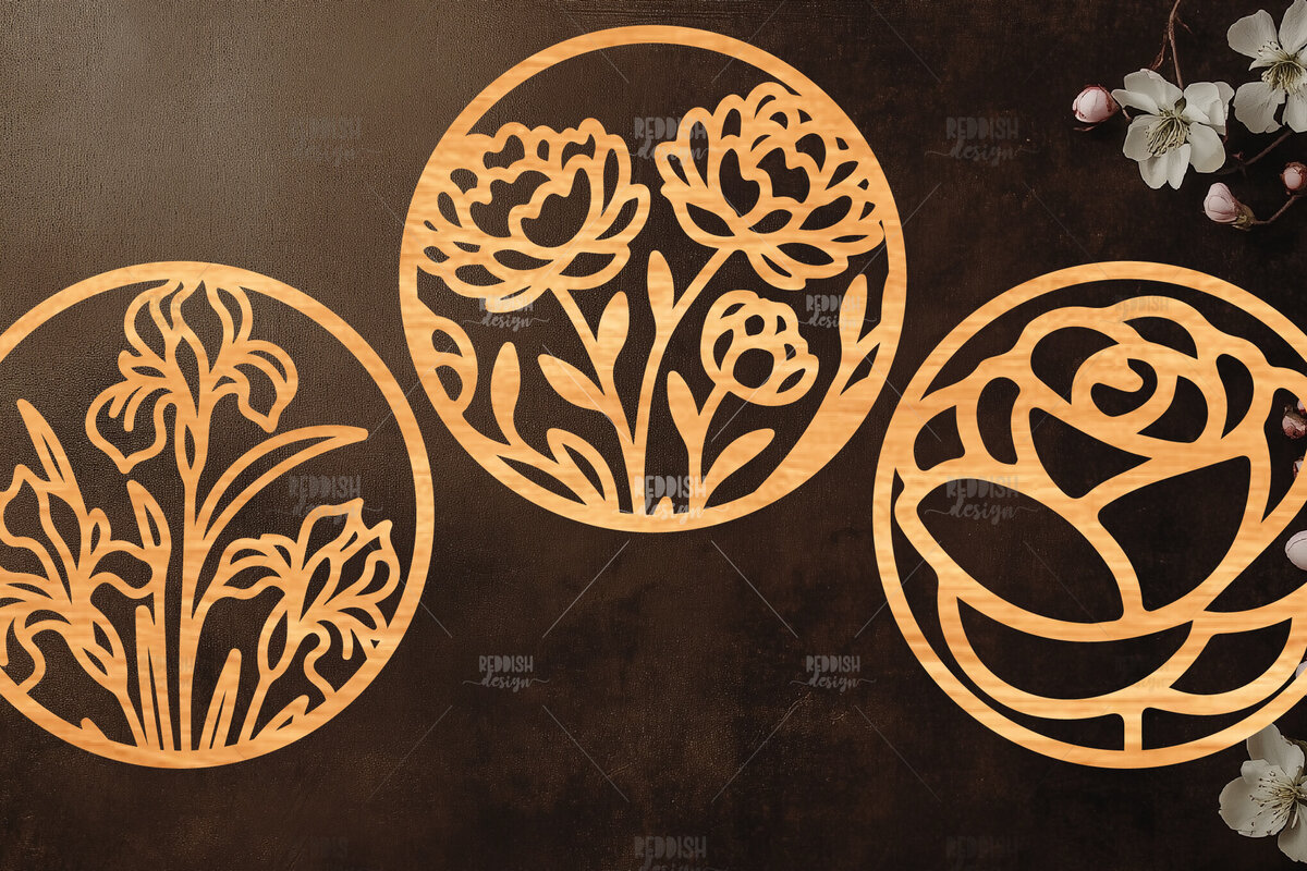 Intra απο ξύλο plywood 3mm-4mm πάχος 3 Στρογγυλή πινακίδα με λουλούδια Δίασταση 30x20 cm INTRAFABR-117863475