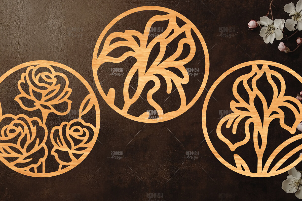 Intra απο ξύλο plywood 3mm-4mm πάχος 3 Στρογγυλή πινακίδα με λουλούδια Δίασταση 30x20 cm INTRAFABR-117863504