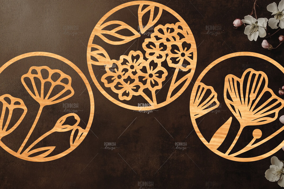 Intra απο ξύλο plywood 3mm-4mm πάχος 3 Στρογγυλή πινακίδα με λουλούδια Δίασταση 30x20 cm INTRAFABR-117863411