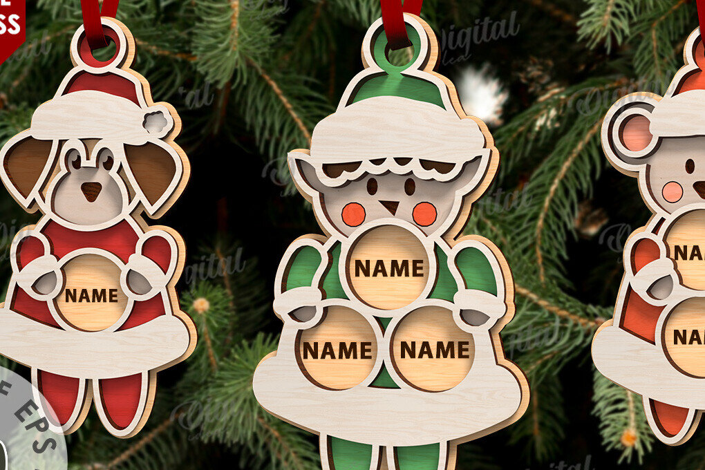 Σετ των 3 Intra απο ξύλο plywood 3mm-4mm πάχος 3 Οικογενειακά Χριστουγεννιάτικα Στολίδια  Δίασταση 8x8 cm INTRAFABR-109883340