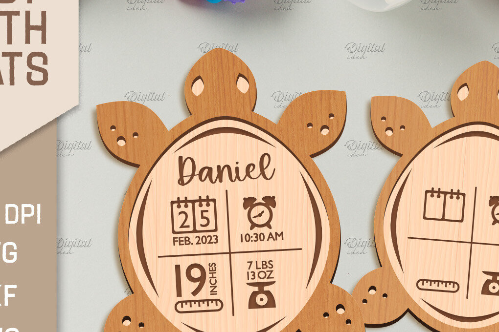 Σετ των 2 Intra απο ξύλο plywood 3mm-4mm πάχος 3D Baby Birth Stats .Turtle Δίασταση 30x20 cm INTRAFABR-86216343