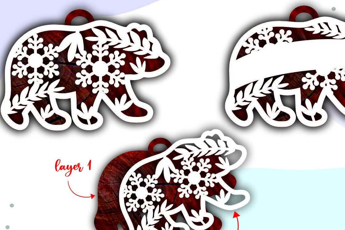 Σετ των 3 Intra απο ξύλο plywood 3mm-4mm πάχος Τρισδιάστατα χριστουγεννιάτικα στολίδια με στρώματα αρκούδας Δίασταση 8x8 cm INTRAFABR-38994150