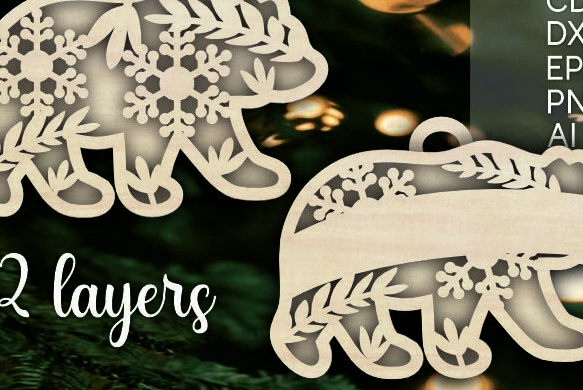 Σετ των 3 Intra απο ξύλο plywood 3mm-4mm πάχος Τρισδιάστατα χριστουγεννιάτικα στολίδια με στρώματα αρκούδας Δίασταση 8x8 cm INTRAFABR-107019646