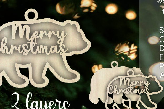 Σετ των 3 Intra απο ξύλο plywood 3mm-4mm πάχος Τρισδιάστατα χριστουγεννιάτικα στολίδια με στρώματα αρκούδας Δίασταση 8x8 cm INTRAFABR-109903916