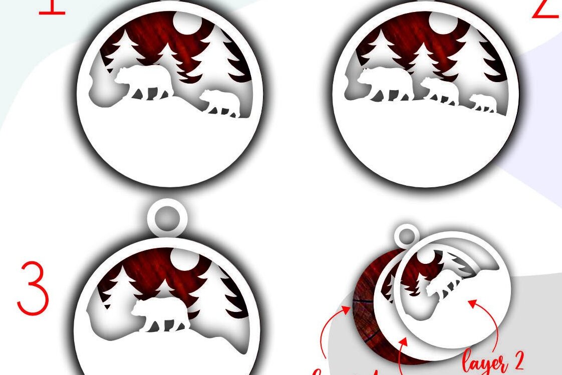 Σετ των 3 Intra απο ξύλο plywood 3mm-4mm πάχος Τρισδιάστατα χριστουγεννιάτικα στολίδια με στρώματα αρκούδας Δίασταση 8x8 cm INTRAFABR-37746125