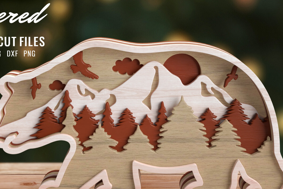 Σετ των 2 Intra απο ξύλο plywood 3mm-4mm πάχος Κλιπ 3D Bear Animal Layered Δίασταση 15x15 cm INTRAFABR-57271168