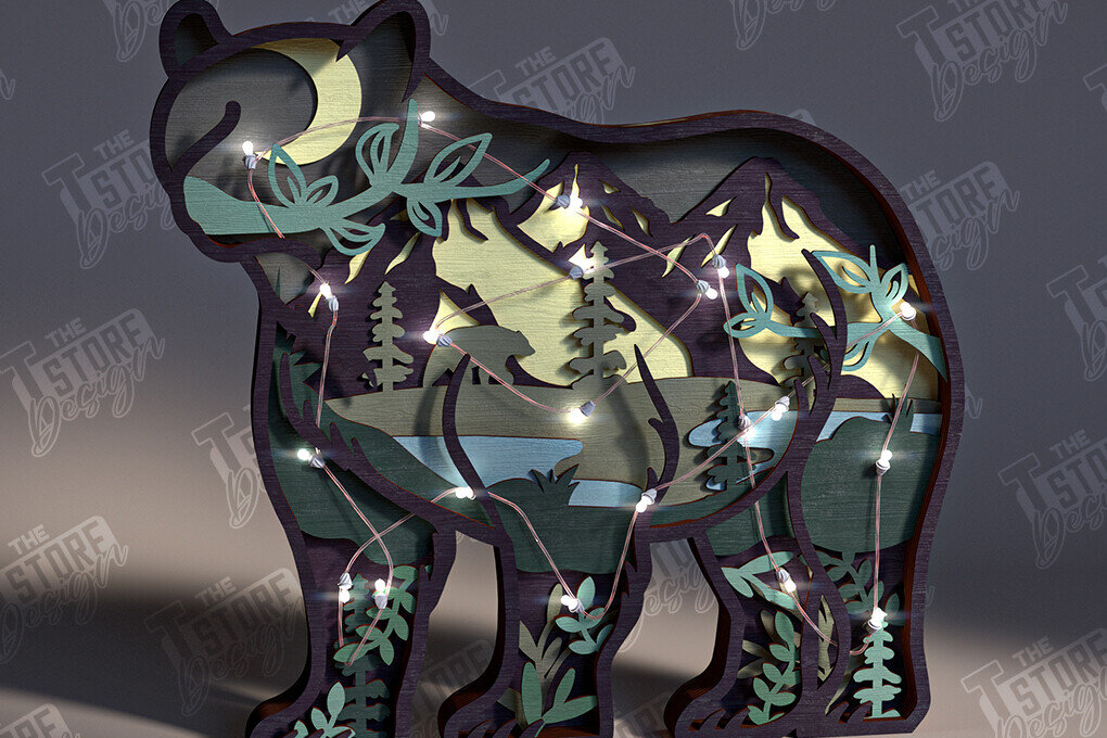 Σετ των 2 Intra απο ξύλο plywood 3mm-4mm πάχος 3D Bear Ξύλινο Σκαλιστικό Φωτιστικό | CNC Δίασταση 15x15 cm INTRAFABR-104130523