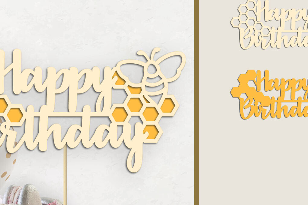 Σετ των 2 Intra απο ξύλο plywood 3mm-4mm πάχος 3d Birthday Cake Topper , Honey Bee Δίασταση 15x15 cm INTRAFABR-116339194