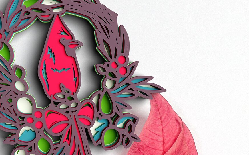 Σετ των 2 Intra απο ξύλο plywood 3mm-4mm πάχος 3D Cardinal Χριστουγεννιάτικο στεφάνι Δίασταση 25x25 cm INTRAFABR-77143374